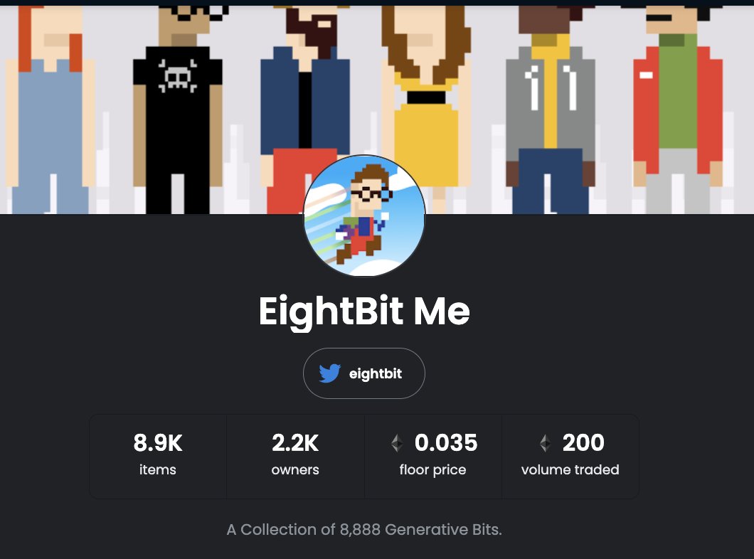 Quick Thread 🧵 on the <a href="/eightbit/">EightBit</a> NFT collection.

EightBit Me is a collection that dropped this morning by the team that created the Eightbit.me avatar generator back in 2010. Its a collection of pixel avatars based on the ones created by their generator in 2010.

/1
