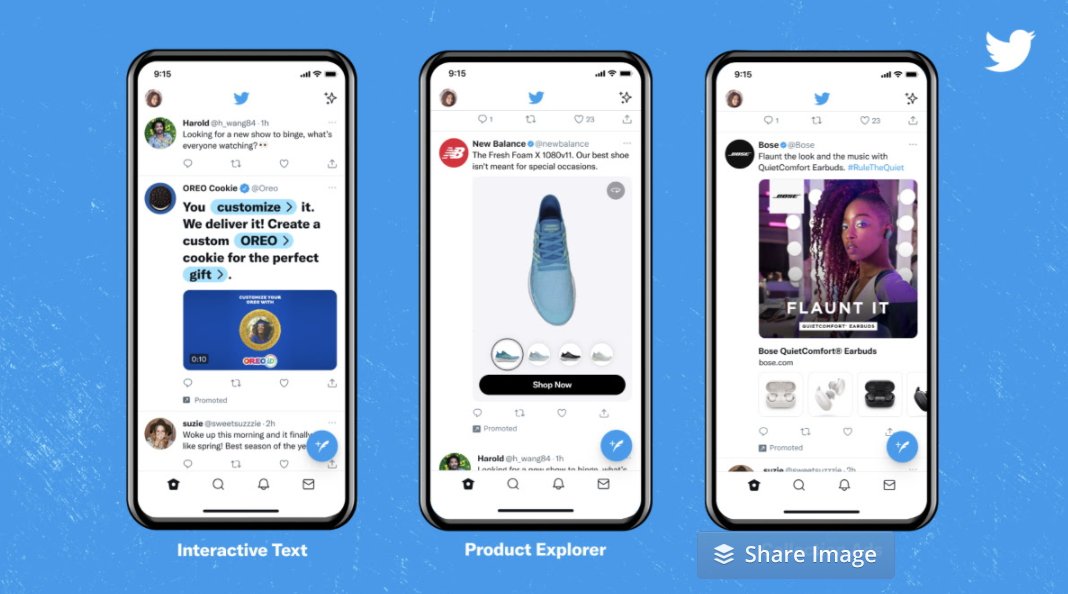 Twitter comienza sus pruebas piloto para mostrar publicidad (Ads) en tres nuevos formatos: "Interactive Text Ads", "Product Explorer Ads" y "Collection Ads".
La intención es parecerse a Instagram y TikTok.