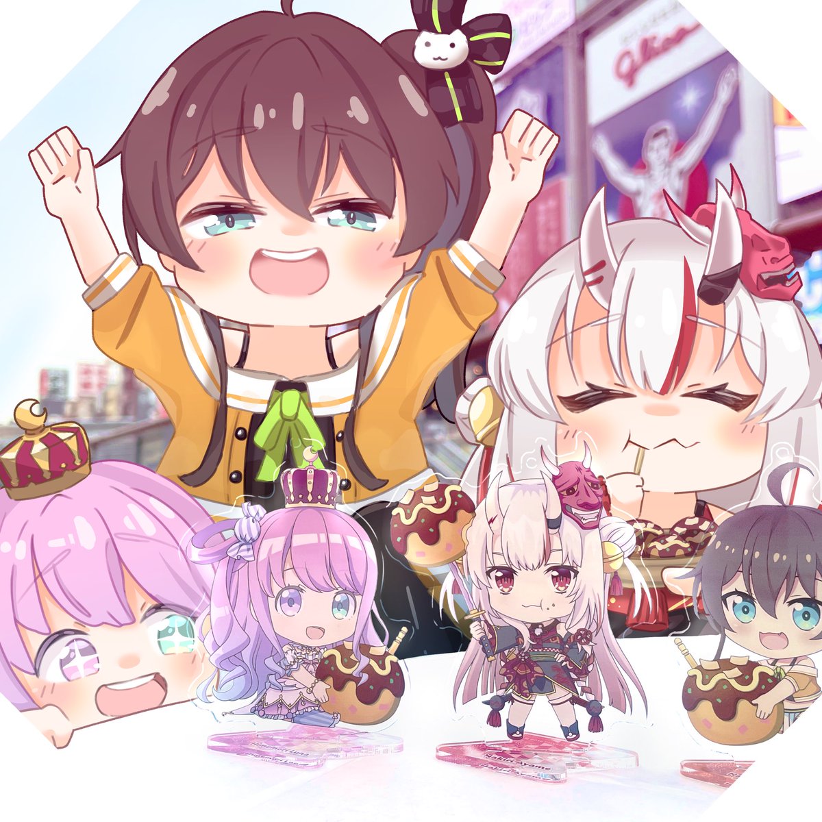 himemori luna ,nakiri ayame ,natsuiro matsuri oni mask multiple girls mask takoyaki horns brown hair chibi  illustration images