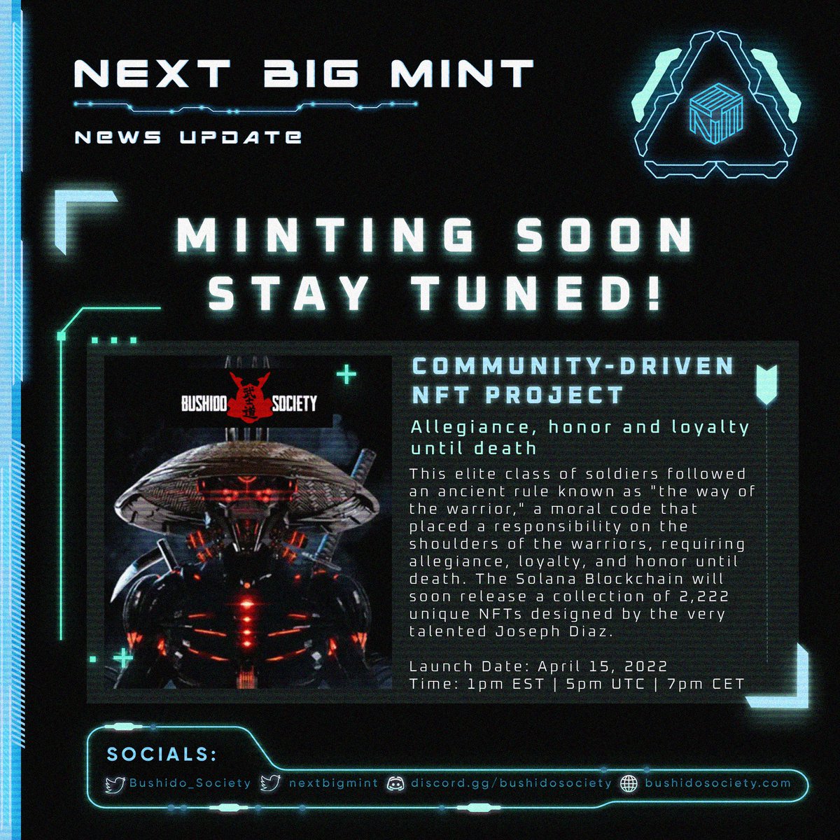 nextbigmint's tweet photo. 🚨 Minting starts in 14 days | 1PM EST

Armors ready, swords up with @Bushido_Society ! 🚨

Will soon release a collection of 2,222 unique #NFTs,
Be part in the planning of the future roadmap!  

Discord: https://t.co/puH9LPfDBQ
🌐https://t.co/AZIaWtZxzU

#nextbigmint #mint https://t.co/8PLu8z7cWE