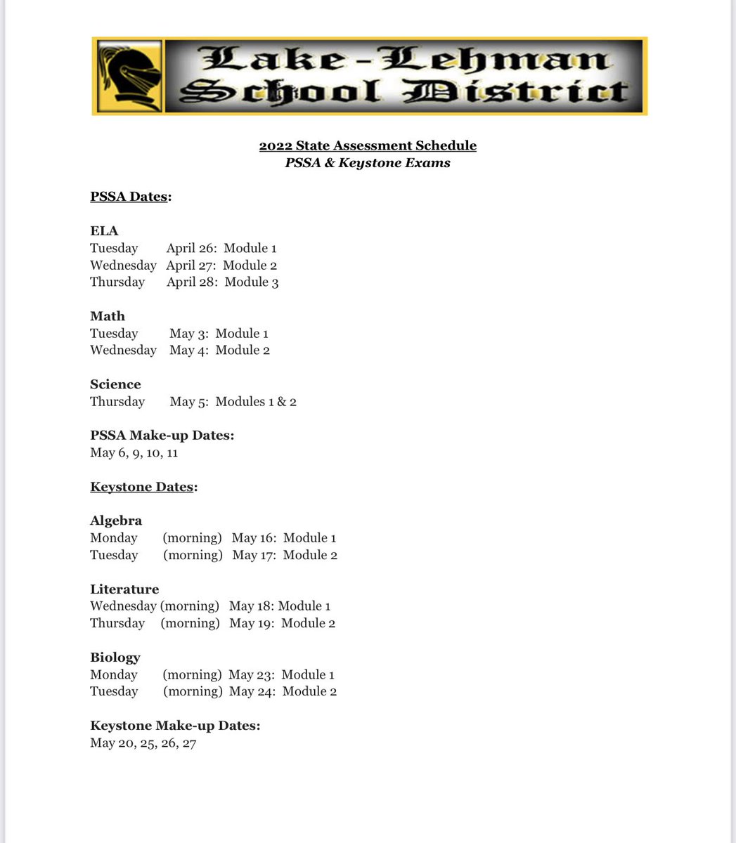 The State Assessments are quickly approaching! Here is the JSHS Assessment Schedule for PSSAs and Keystones 🖤💛