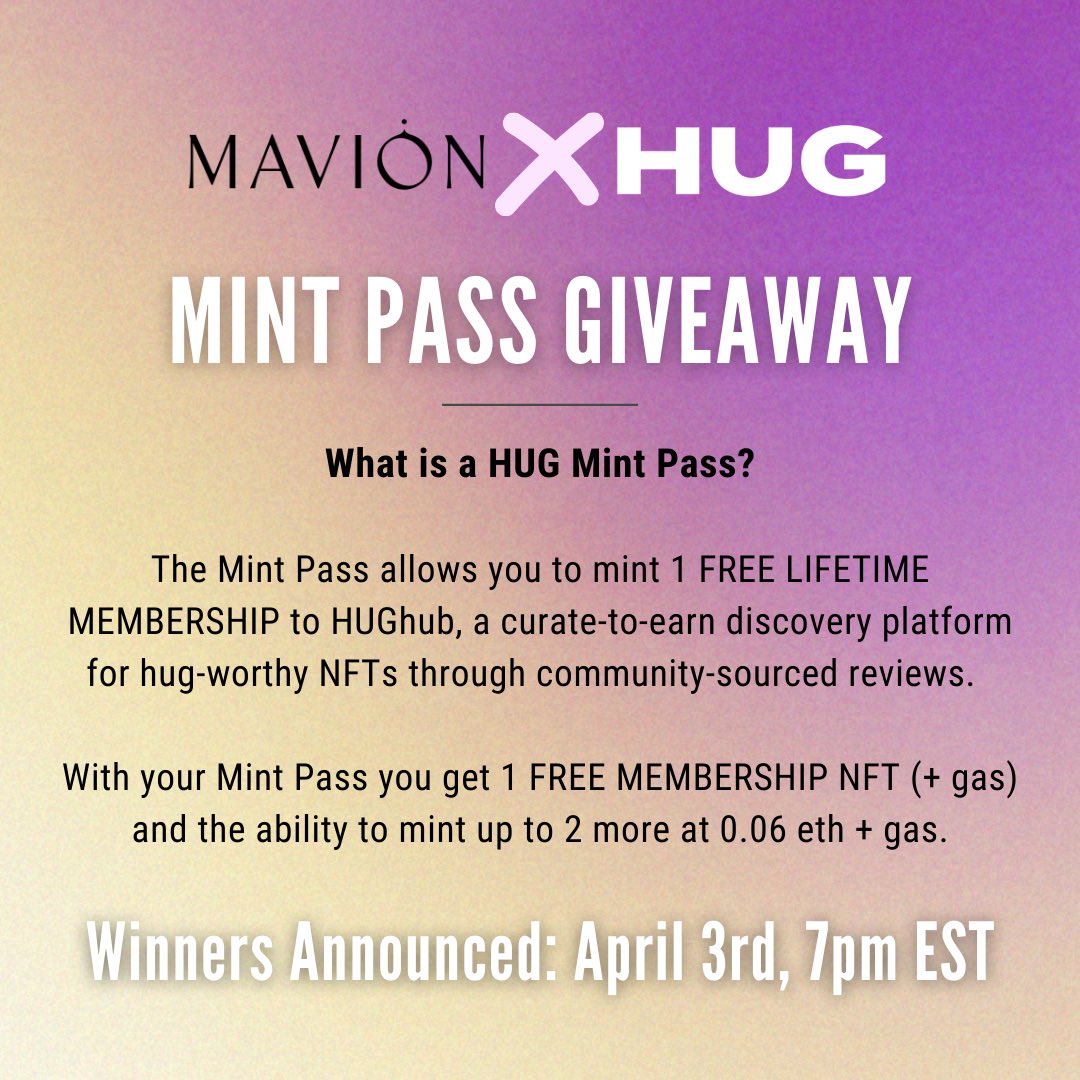 MAVIONworld's tweet photo. 🗣 GIVEAWAY! 👀

We are partnering with @thehugxyz to give away 10 mint passes to our MAVION community! 🤝

To enter: 
1. Follow @MAVIONworld &amp; RT
2. Reply with the best piece of advice you’ve been given
3. Tag a friend you’d like to give a virtual hug 🤗 https://t.co/Y5nBS5CM2U