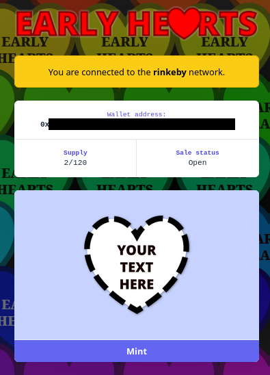 EarlyValentines's tweet photo. Trimmed EVs to be small enough for the script to mint them without issue at a reasonable speed. Excited yet?
So far so good, progress:
[o] Contract
[o] Tests
[~] Mint Website
#nft #mint #progress #sneakpeak #howdoesitlook #website #excitement https://t.co/RdfsAaQfRc
