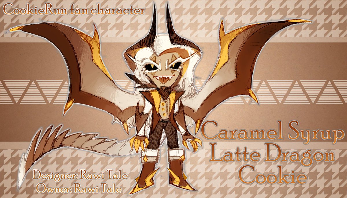 Rawi_Tale's tweet photo. Remember when I said that I love creating fan characters?
I would like to introduce you.. Caramel Syrup Latte Dragon Cookie! Yes, his name is intentionally that long xD
#CookierRun
#CookieRunOC https://t.co/71HwnWIQm7