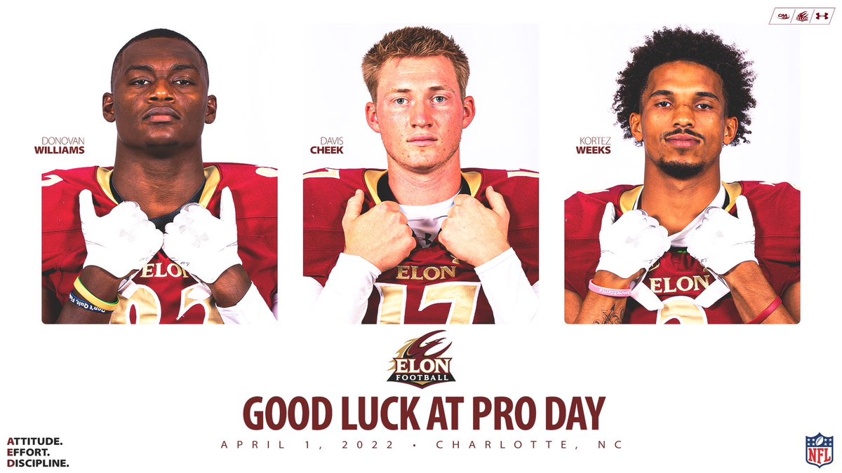 Elon Football (@elonfootball) on Twitter photo Good luck to <a href="/donwon_15/">Donovan Williams</a> <a href="/cheek2017/">Davis Cheek</a> and Kortez Weeks tomorrow morning for Pro Day! #AED #NFLReady Good luck to <a href="/donwon_15/">Donovan Williams</a> <a href="/cheek2017/">Davis Cheek</a> and Kortez Weeks tomorrow morning for Pro Day! #AED #NFLReady