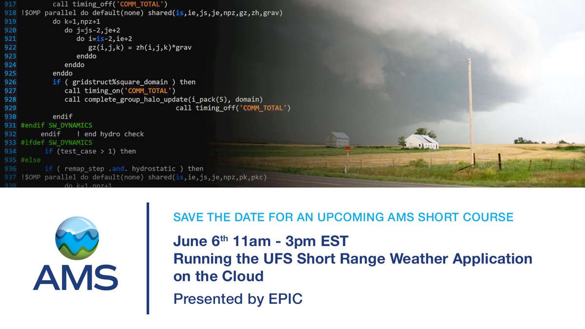 noaaepic's tweet photo. Save the date for an upcoming AMS Short Course presented by EPIC
"Running the UFS Short Range Weather Application on the Cloud"
June 6th 11am-3pm EST
Registration information coming soon!
#NOAAEPIC #UFSCommunity https://t.co/gvcL3UqYjc