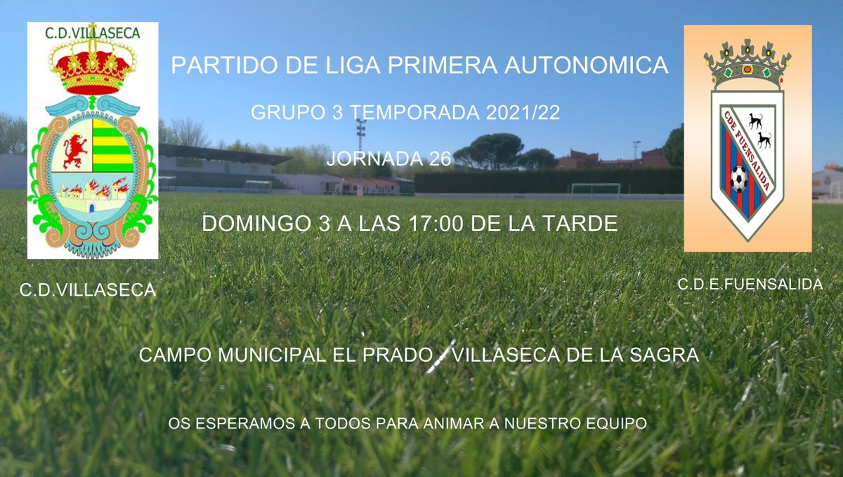 DE VUELTA A NUESTRA CASA.
ESTE DOMINGO JUGAMOS UN GRAN PARTIDO ANTE UN GRAN EQUIPO CONSTRUIDO PARA EL ASCENSO NOS ENFRENTAMOS AL C.D.E.FUENSALIDA TERCERO EN LA CLASIFICACIÓN JUGANDOSE LA FASE DE ACENSO Y NO LO PONDRÁN NA FACÍL.
HAGAMOS DE NUESTRO CAMPO UN FORTIN.⚽️💪💚