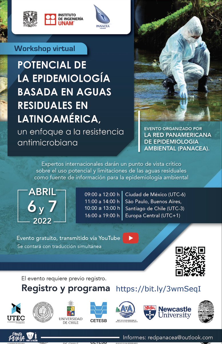 PanaceaNetwork's tweet image. Primer Workshop Virtual de #Epidemiologia Ambiental basada en #Aguas Residuales de #PANACEA. Los grandes avances en la región, y los retos que nos quedan. 6-7 de Abril Inscripción gratuita en bit.ly/3wmSeqI 
@COVIDPoops19
@UNAM_MX @una_py @uchile @NoticiasUnsa