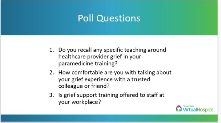 thereadingmedic's tweet photo. Some really great poll questions to start off the Grief 101 for Paramedics webinar tonight through @VirtualHospice! How much grief education do we actually receive in school? While working? #Grief #GriefToolbox #Paramedicine @OntParamedic @copr_ocrp @CdnParamedicine https://t.co/EYaGZaZV3Z
