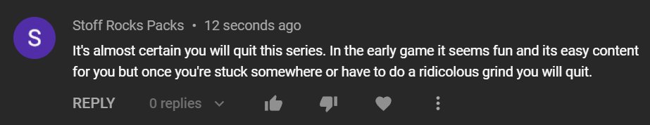 SettledRS's tweet image. It's almost certain you will quit this series. In the early game it seems fun and its easy content for you but once you're stuck somewhere or have to do a ridicolous grind you will quit.