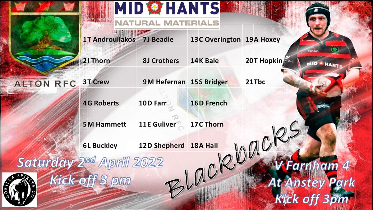 AltonRugby's tweet photo. 🏉match day Troops🏉🔴⚫🦍
 @altonrugby Silverbacks v @owrfc
📅  2 April 2022
🕒 1500
🏟  Anstey Park, GU34 2NB 
and
@alton_super2s Blackbacks V @FarnhamRugby 4
📅  2  April 2022
🕒  1500
🏟  Anstey Park, GU34 2NB 
 #SilverBacks #Blackbacks #Redbellies https://t.co/QzUVk2BVf6