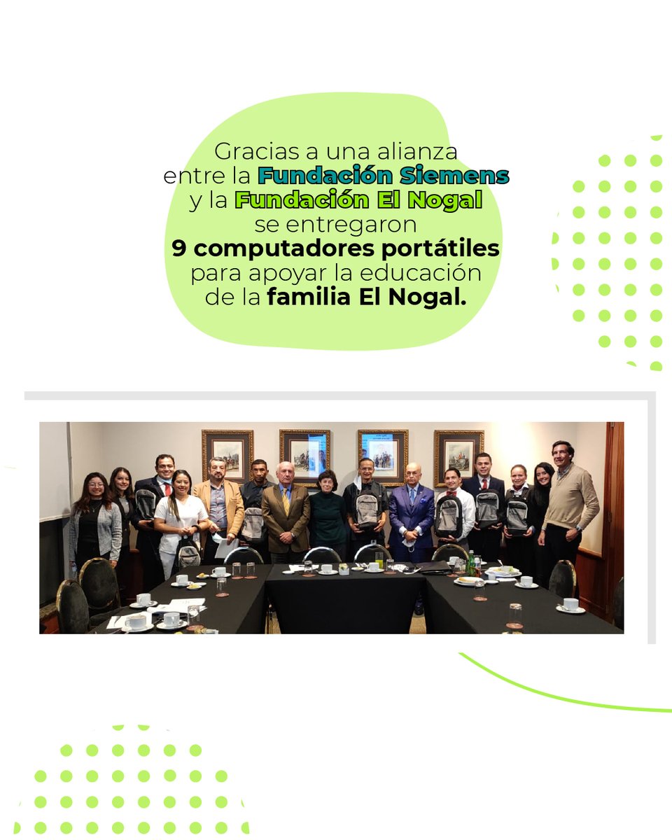 FunElNogal's tweet photo. La Fundación El Nogal entregó 9 computadores portátiles 💻donados por la Fundación Siemens a hijos de colaboradores y colaboradores que están realizando sus estudios escolares y universitarios. Nuestro #CompromisoIntacto con la #ComunidadElNogal 💚🌿 https://t.co/HExgBh9ONQ