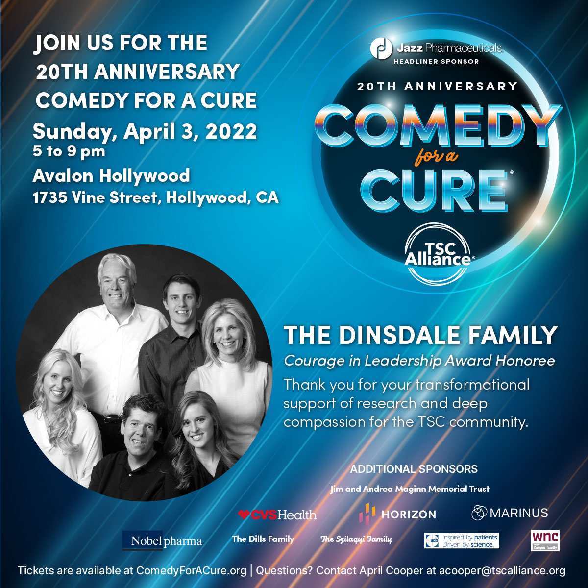 tscalliance's tweet photo. The 20th Anniversary Comedy for a Cure is only THREE DAYS AWAY! Tonight we are honoring our Courage in Leadership Awardees, the Dinsdale family.
Learn more about Comedy for a Cure and donate or buy a ticket to the show today at https://t.co/3Y6w5eTd14. #ComedyforaCure https://t.co/GhBHCSn9yy
