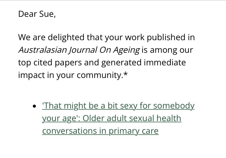 @drsuemalta @JHocking01 @MeredithJTS @louisebourchier et al @SexHealthUoM @unimelbMSPGH ping @DrSharronH Timely reminder that while no grants for Sexual Health & Ageing research #sex #age #rights #stillrelevant #stillimportant #topcitedarticle doi.org/10.1111/ajag.1…