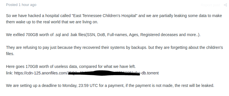 A Threat actor claimed that they have breached 
@EastTNChildrens and exfil about 700GB of data including (SSN, DoB, Full-names, Ages, Registered deceases).