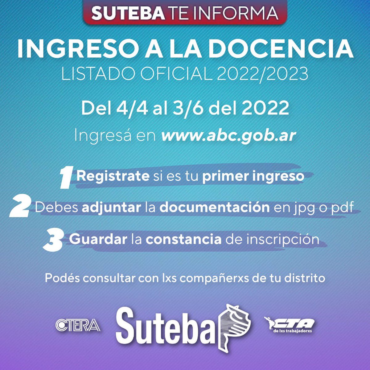 SUTEBAProvincia's tweet photo. 📝 Ingreso a la docencia 22/23 📝 

Todo lo que tenés que saber para el ingreso al listado oficial 👩🏻‍🏫🧑🏻‍🏫

#IngresoALaDocencia2023
#ListadoOficial https://t.co/tWzyRp1lTw