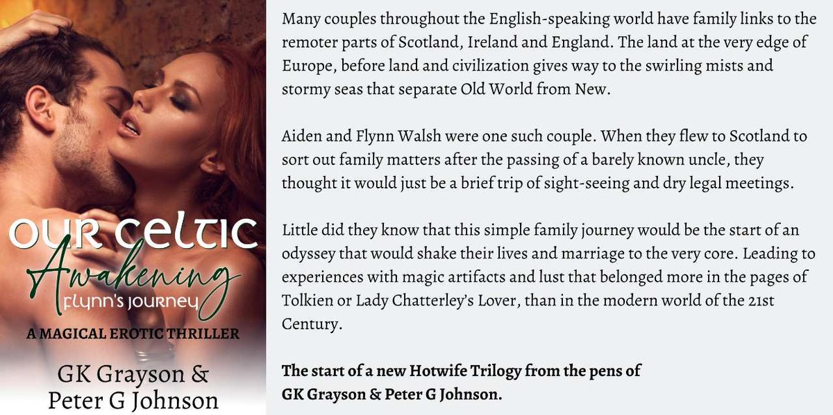 GKGrayson's tweet photo. The first of a new 3-part series, co-authored with @PeterGJohnson4, about a couple going to Scotland after the passing of a family member, only to find a dark secret. Pre-order on Amazon now. Live Apr 14. 

#erotica #hotwife #cuckold #magic #thriller
https://t.co/OH4rMMX5B2 https://t.co/4z1GVurZz7