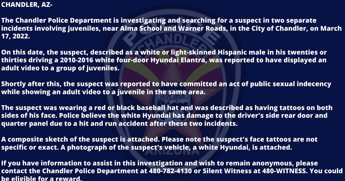 ChandlerPolice's tweet photo. Press Release - Search Underway for Public Sexual Indecency Suspect
#ChandlerPD is investigating &amp; searching for a suspect in 2 separate incidents involving juveniles, near Alma School/Warner, on March 17, 2022. #ChandlerSafe #ChandlerAz #SeeSomethingSaySomething @SilentwitnessAZ https://t.co/v2jfO2tDu6