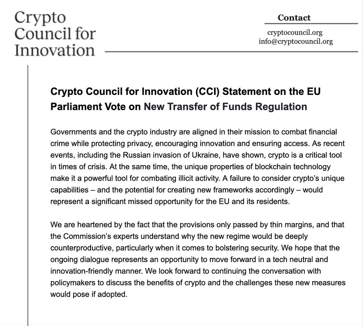 Today, the EU Parliament voted in favor of measures that raise significant  concerns for both individuals and the crypto ecosystem. If ultimately  approved, these new measures will create fundamental issues for privacy,