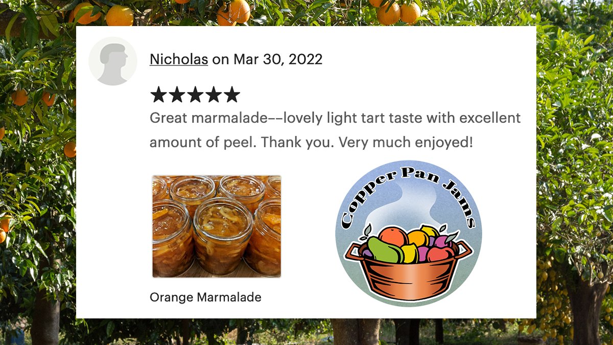CopperPanJams's tweet photo. ⭐️⭐️⭐️⭐️⭐️ CUSTOMER REVIEW ⭐️⭐️⭐️⭐️⭐️

"Great marmalade––lovely light tart taste with excellent amount of peel. Thank you. Very much enjoyed!" https://t.co/WKgkAvetzX