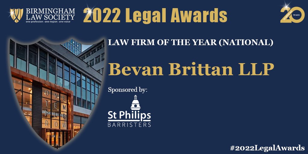 BhamLawSociety's tweet photo. Congratulations @BevanBrittanLLP. You are National Law Firm of the Year 2022, sponsored by @stphilips #2022LegalAwards https://t.co/rrltTzSaqk