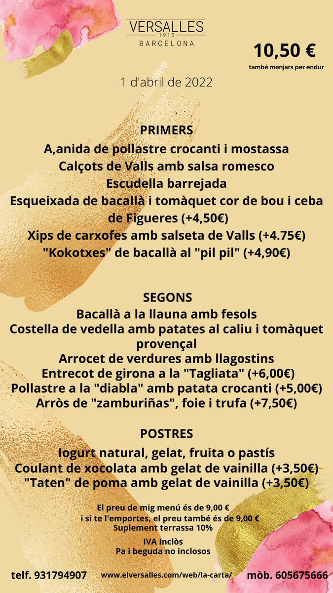 VersallesStAndr's tweet photo. Aquest és el nostre menú d'avui. Enamorats de la nostra feina.
#barversalles #foodversalles #food #foodporn
#menjarbeabarcelona #restaurant #qualityfood
#elversalles #gaudiuelversalles #menudeldia https://t.co/3lXRF4Sr5O