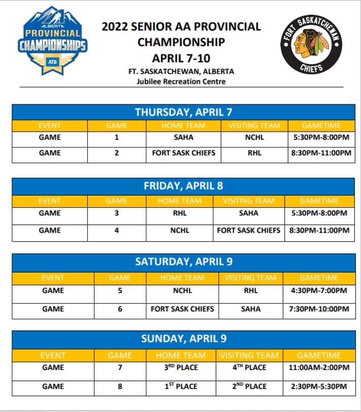 FtChiefsHockey's tweet photo. Hockey Alberta Senior AA Provincial Schedule! 

We will update the league winners that will be joining us the weekend of April 7th -10th after this weekend as some leagues are still battling it out! https://t.co/7QOnnXCF4e