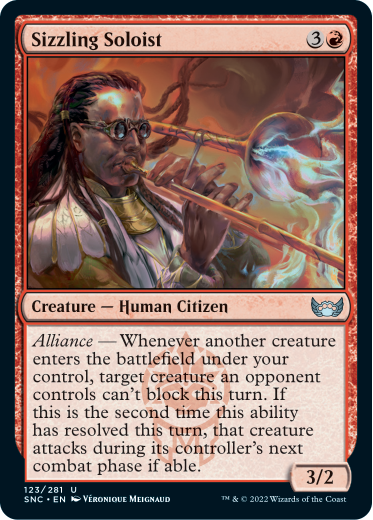 CedricAPhillips's tweet photo. More of a Limited card than a Constructed one (though maybe there are some cool Commander applications?), I expect Sizzling Soloist to be a high pick in #MTGSNC Limited.

Mad respect for anyone who can play a trombone on fire btw 🔥

(Thanks to WotC for the preview, as always) https://t.co/5suURVIX22