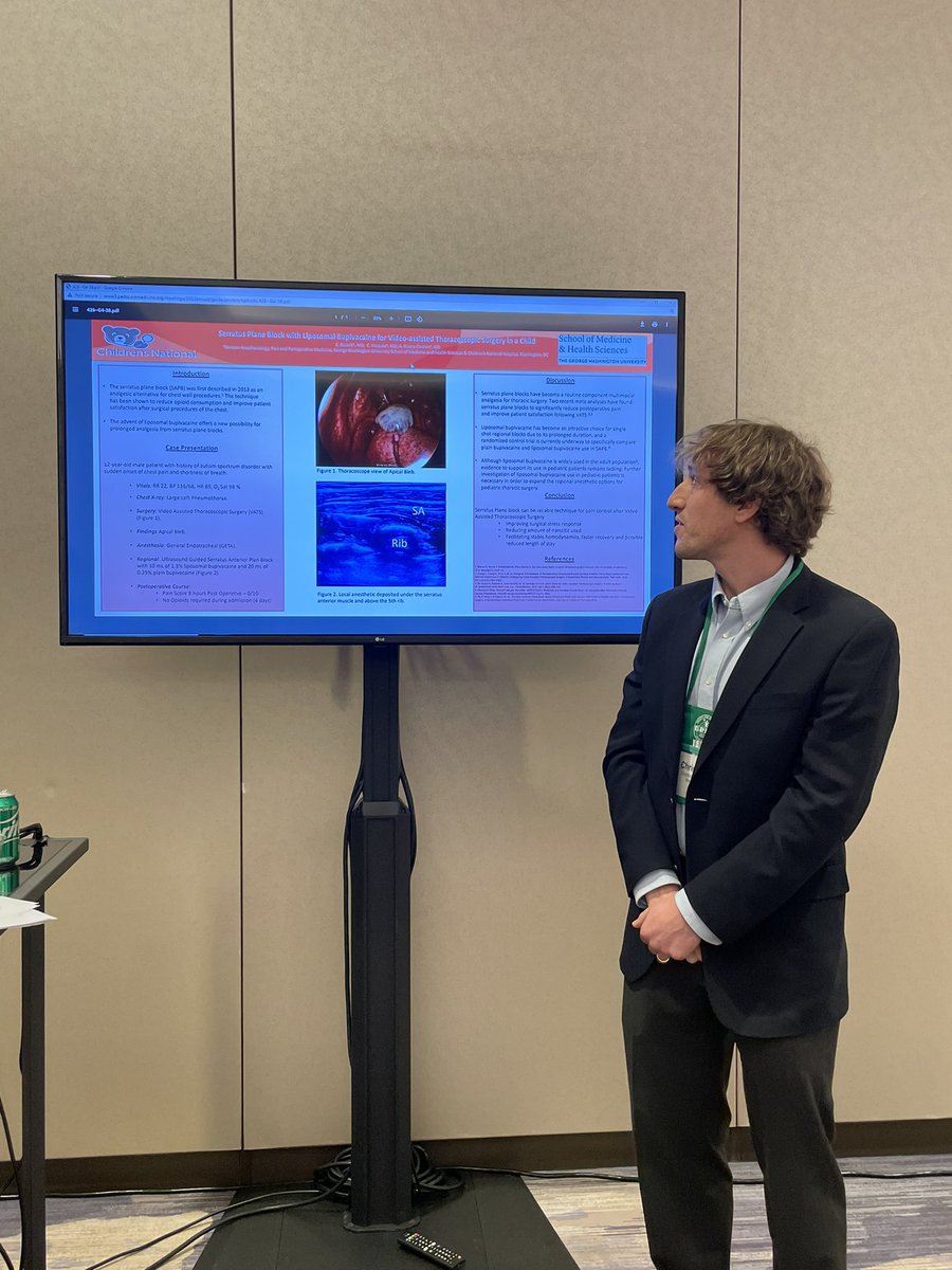 BearAnesthesia's tweet photo. One of our fellows, Dr Chris Busack, presented on the use of liposomal bupivacaine in a serratus anterior plane blockβ¦a great case showing how it can better help some of our patients through their procedures! #SPAFL2022 #SPPM2022 @PediAnesthesia @PedsPainMed https://t.co/wSYnJzrRNz