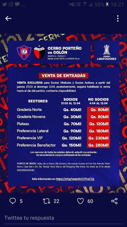 #Cerro_Porteño.
Precios de entradas para el juego ante Colon en La Nueva Olla.
<a href="/DeporteTotal780/">Deporte Total 📻⚽️🇵🇾</a>