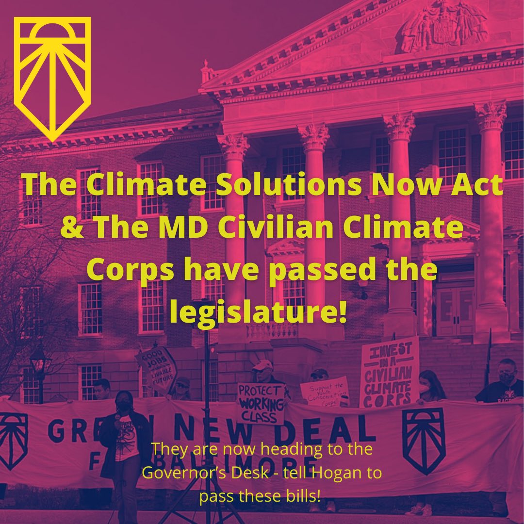 SunriseMaryland's tweet photo. Climate Solutions Now and the MD Civilian Climate Corps passed the legislature &amp; are on their way to @GovLarryHogan’s desk!

Thank you @SpeakerAJones, @KumarBarve, @DelDanaMStein1, @delsandy, @SenBillFerg, @PaulPinsky &amp; all of the electeds &amp; advocates making this happen!#MDGA22 https://t.co/JOxKZH4Hh3