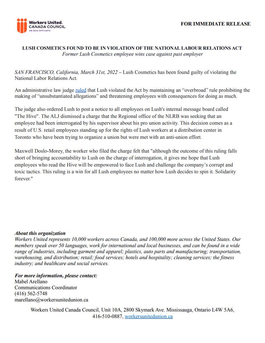 WorkersUnitedCA's tweet photo. FOR IMMEDIATE RELEASE: Lush Cosmetics Found to be in Violation of the National Labor Relations Act. Former Lush employee wins case. 
Link to decision here: https://t.co/rMWA1yH0Hy
@GlobalLushUnion @daviddoel @theserfstv @naamanzhou @TotalLibRadio @MatthewGreenNDP @GerardDiTrolio https://t.co/NhW7OU46mn