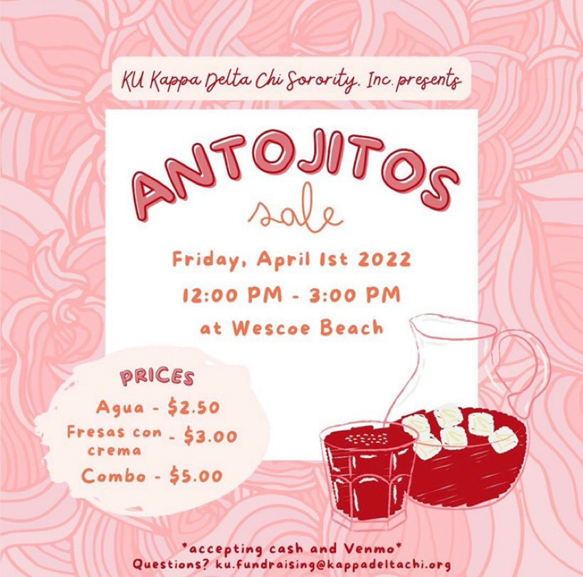 Come support KDChi this Friday, April 1st from 12:00PM to 3:00PM at Wescoe Beach!

We will be selling different flavored auagas frescas such as Horchata, Jamaica (Hibiscus), Fresa (Strawberry) and Limón (Lime) as well as fresas con crema (strawberries with cream)!