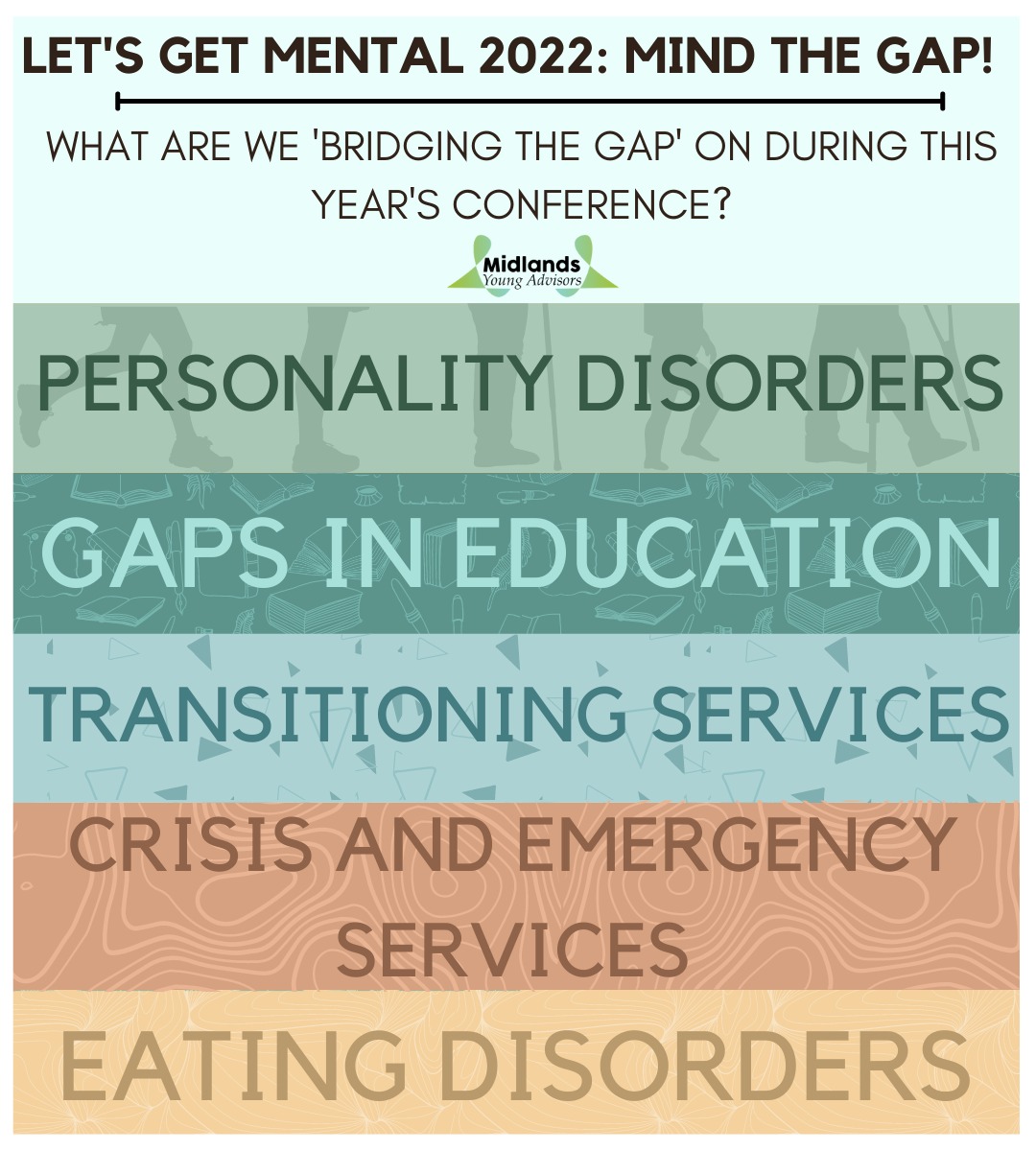 What gaps are their in mental health services? The Let’s Get Mental: Mind The Gap is aiming to bridge the gap in these 5 different topics. 
Interested? Tickets are available in the bio!! 🎟
#mentalhealthawareness #mentalhealth #midlands