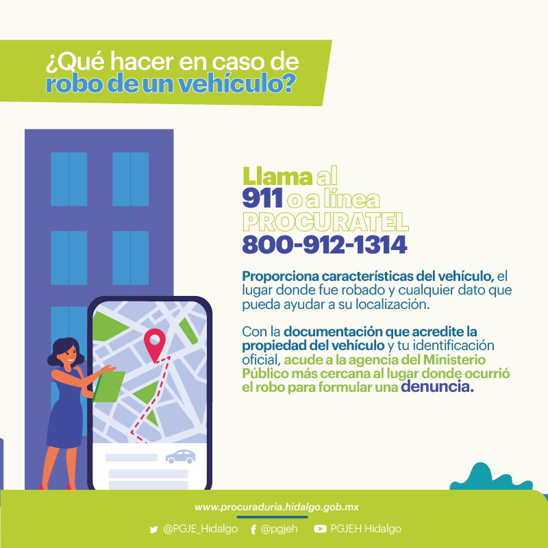 PGJE_Hidalgo's tweet photo. ¿Robaron tu vehículo?
¡Denuncia de inmediato!
✅Llama al📱911,
✅recibe orientación en la línea #PROCURATEL
📞800 912 1314
Con la documentación que acredite la propiedad de la unidad acude a la agencia del #MP más cercana al lugar donde ocurrieron los hechos. https://t.co/eEHlUNCR3O