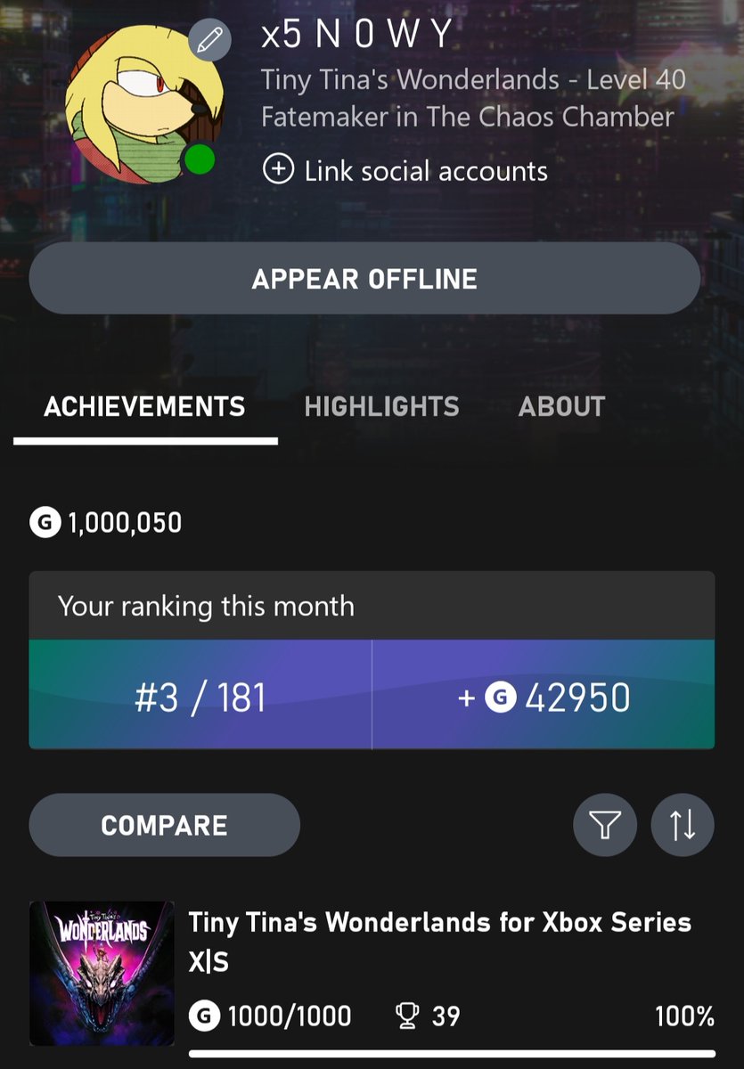 MsSnowyHD's tweet photo. 1,000,000 #gamerscore finally achieved on #Xbox!!!!
I would like to thank everyone for the support me through my journey towards my biggest milestone!!! This concludes completion towards Tiny Tina's Wonderlands. :)
#achievementaddict
#AchievementUnlocked https://t.co/8VOwEqlAv8
