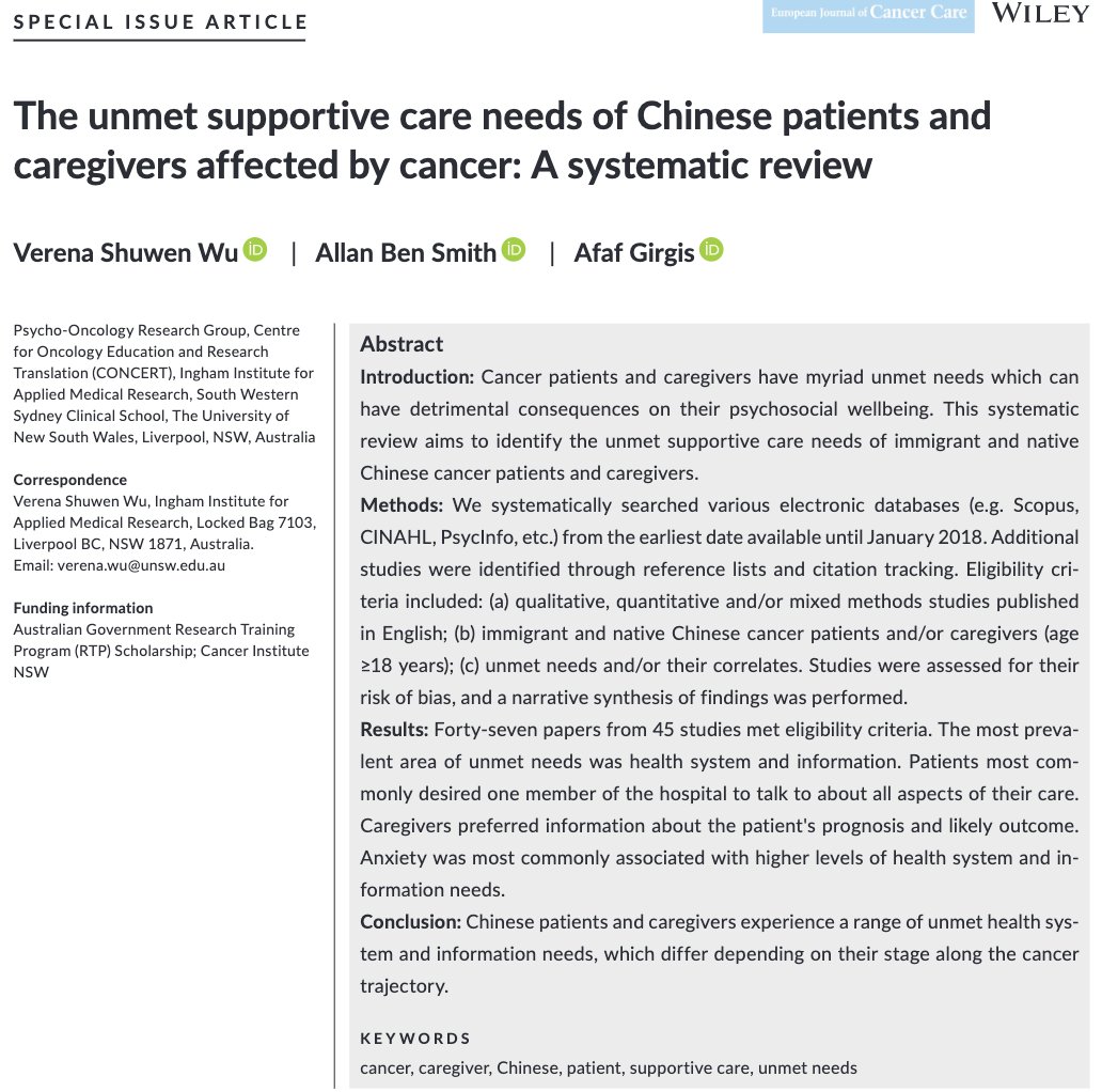 cancer_K2A's tweet photo. Congrats to 🌟 #PhD student @Verena_SW whose 1st PhD 📰, a #SysRev of unmet supportive care needs in #Chinese #cancer patients &amp; caregivers (https://t.co/61K1hbRC2s), is a #TopCitedArticle in @WileyNews Euro Journal of #CancerCare #ProudSupervisor with @Afaf_Girgis https://t.co/2ycThyBQSm