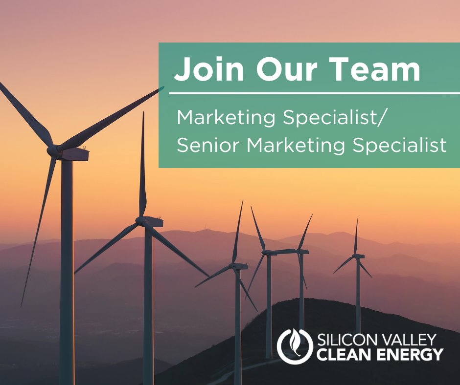 SVCleanEnergy's tweet photo. We are looking for a Marketing Specialist/Senior Marketing Specialist to join our team! This role will engage residents, businesses and the community to help advance the SVCE mission of reducing dependence on fossil fuels in Silicon Valley. https://t.co/n3McUi4Z6J #CleanEnergyJob https://t.co/UbJgoKJECT
