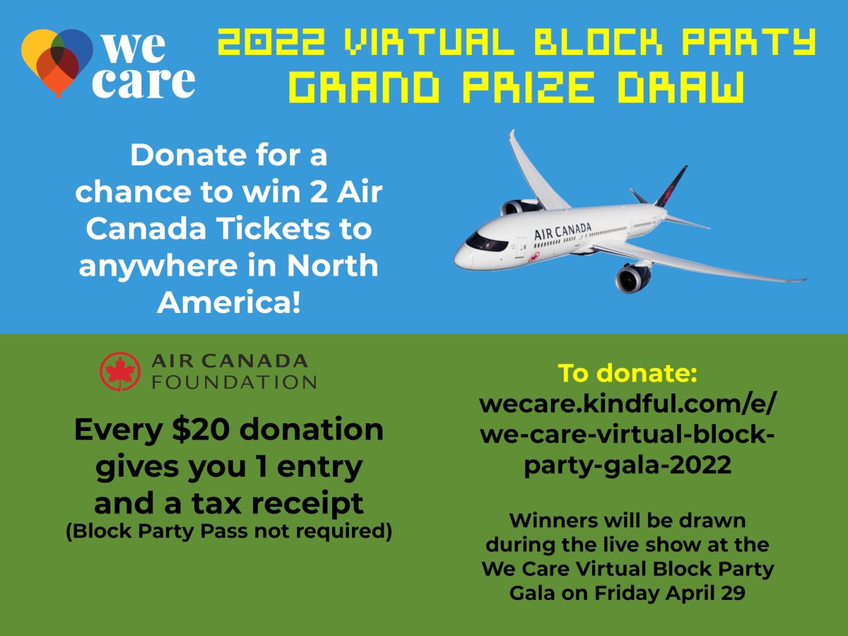 The Air Canada Grand Prize Draw is back! Every $20 donation gives you 1 entry for a chance to win 2 Air Canada tickets to anywhere in North America (plus a tax receipt). Block Party Pass not required for entry.
Click to donate: wecare.kindful.com/e/we-care-virt…