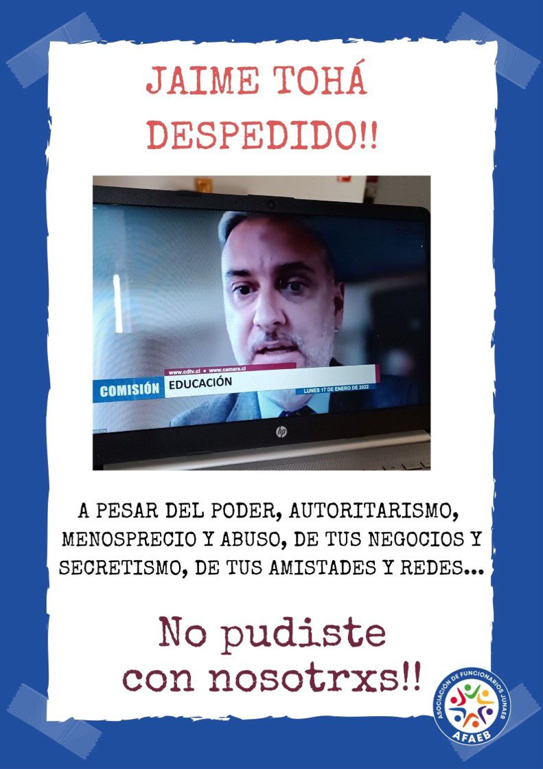afaebnac's tweet photo. Hoy despidieron al director de Junaeb y como Afaeb estamos celebrando!!
Al fin se va quien se encargó de maltratar la institución, estudiantes y a nosotrxs como trabajadorxs.
Por una junaeb nueva, con buen trato y real compromiso con les estudiantes!
#NoVuelvasNunca
#FueraToha https://t.co/9pVOKnObbf