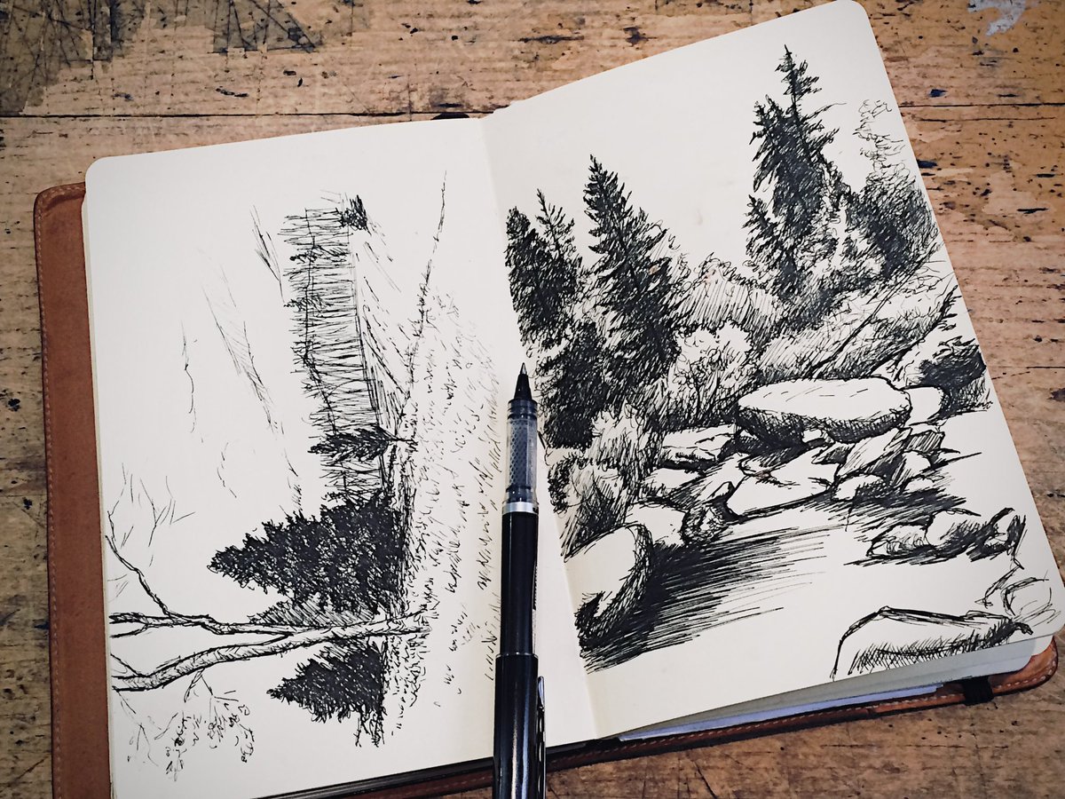 LuisColanArt's tweet photo. #tbt to 2016 and to two early sketches I made in preparation for @salmagundiclub monotype party.
.
.
.
#sketch #drawing #moleskine #sketchbook #moleskinepages #mymoleskine #moleskineart #landscape #luiscolan #uniball #yesuniball #uniquelyinspired @uniballcorn https://t.co/n3HmRRl3sm