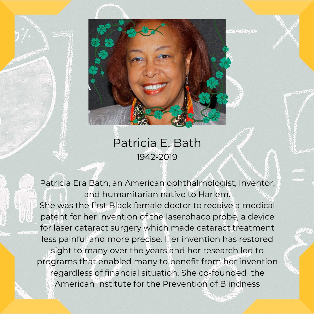 XULA CURGO (@curgo_xula) on Twitter photo Closing out #Womenshistorymonth, we acknowledge Dr. Patricia E. Bath, an advocate for blindness prevention and cure. She invented the laserphaco probe and was the first woman to chair an ophthalmology residency program in the United States <a href="/XULASGA/">XULA SGA</a> <a href="/XULA_BUILD/">XULA_BUILD</a> <a href="/XULA1925/">Xavier Univ. of LA</a> Closing out #Womenshistorymonth, we acknowledge Dr. Patricia E. Bath, an advocate for blindness prevention and cure. She invented the laserphaco probe and was the first woman to chair an ophthalmology residency program in the United States <a href="/XULASGA/">XULA SGA</a> <a href="/XULA_BUILD/">XULA_BUILD</a> <a href="/XULA1925/">Xavier Univ. of LA</a>