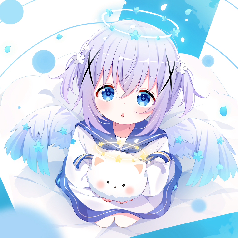 kafuu chino ,tippy (gochiusa) 1girl angora rabbit blue eyes hair ornament animal sailor dress wings  illustration images