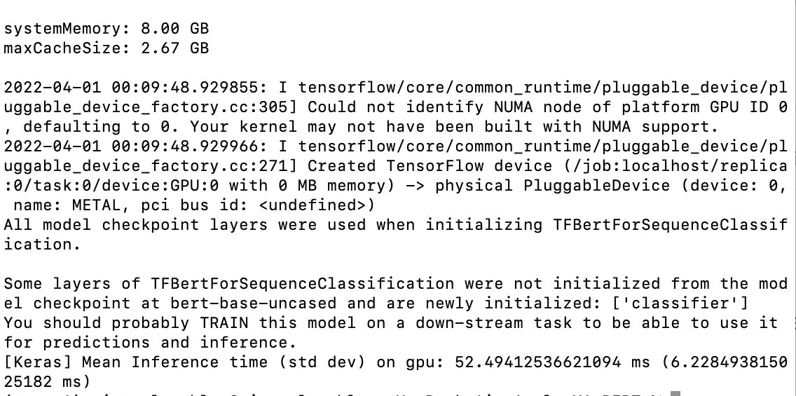 GuglielmoIozzia's tweet image. I have successfully built #ApacheTVM from source on my 13&apos;&apos; MacBook Air with M1 chip and started doing some #Keras inference tests with #BERT Base Uncased, following a tutorial from #OctoML. Performance so far, both on CPU and GPU, is better than the tutorial 🤪
#Python #DL