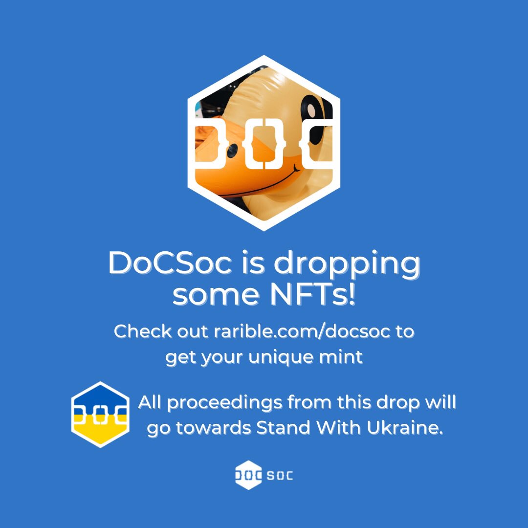 ICDoCSoc's tweet image. We dropped something!
rarible.com/docsoc
🇺🇦 all proceeds go to Stand With Ukraine #StandWithUkraine