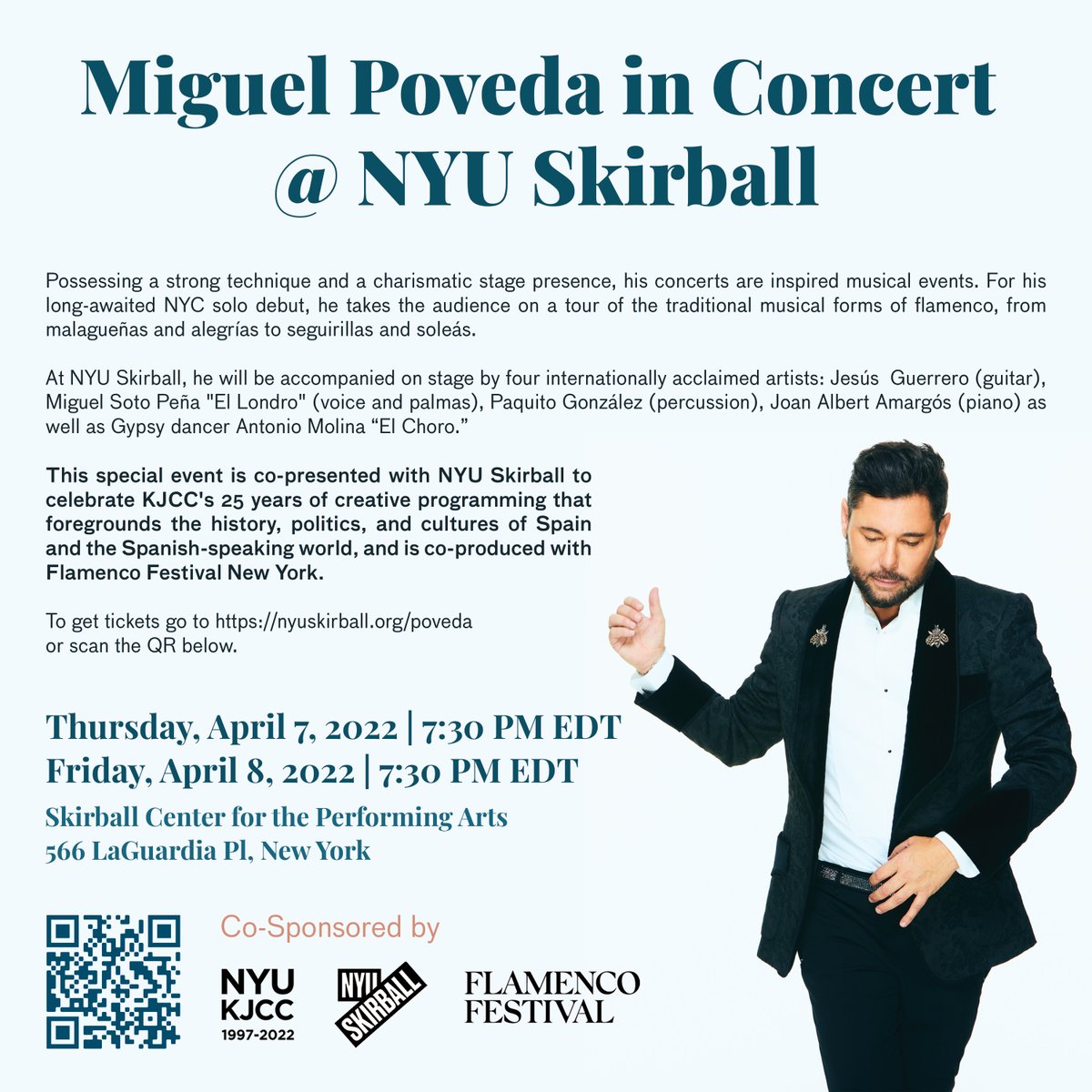 KJCC_NYU's tweet photo. Next Week

Thurs, April 7, 7:30pm - EDT
&amp; Fri, April 8, 7:30pm - EDT
Miguel Poveda in Concert @ NYU Skirball Center

Wed, April 6, 6:00 p.m. EDT
Miguel Poveda in Conversation

Thurs, April 6 to Fri, April 15
El futuro
by Luis López Carrasco

Info: https://t.co/6gtunMbGwu https://t.co/7bFykkMEKS