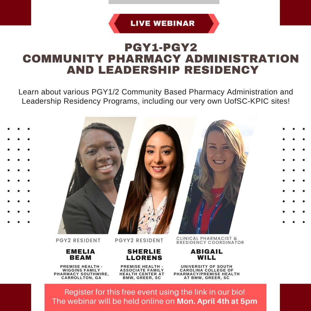 ASHP is hosting a webinar to discuss PGY1/2 Community-Based Pharmacy Administration and Leadership Residencies, featuring some of our very own UofSC-KPIC sites and current residents!

Register for this free webinar today! register.gotowebinar.com/register/17187…