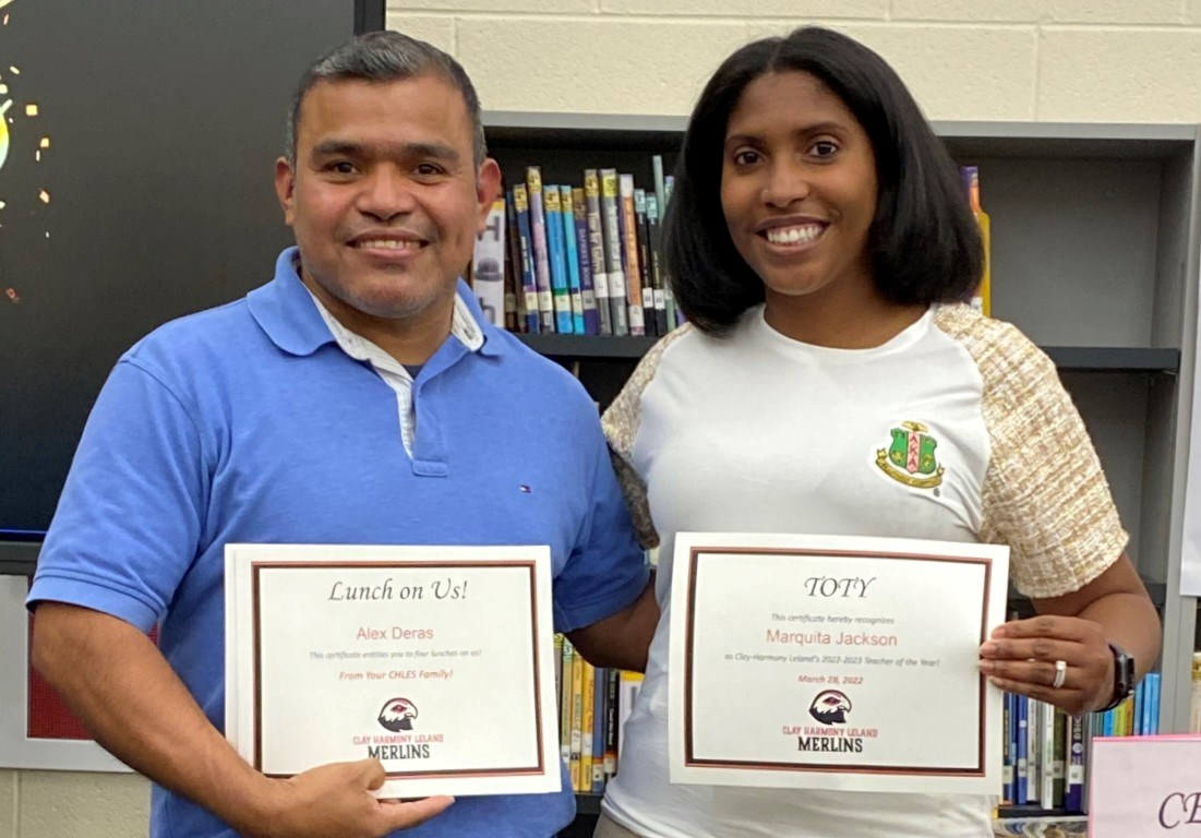 Clay-Harmony Leland CHLES (@chles_merlins) on Twitter photo Congratulations to CHLES 2022-2023
TOTY Mrs. Marquita Jackson and CEOTY Mr. Alex Deras Congratulations to CHLES 2022-2023
TOTY Mrs. Marquita Jackson and CEOTY Mr. Alex Deras