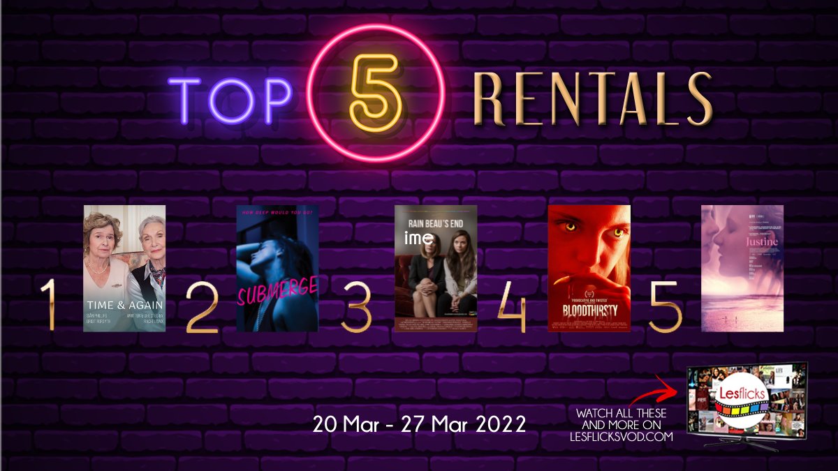 Lesflicks ๐ฟ๐ณ๏ธโ๐home of #sapphicstoriesonscreen (@lesflicks) on Twitter photo #Top5 most watched rentals on #LesflicksVOD from last week! ๐ณ๏ธโ๐
1. Time & Again
<a href="/TimeAgain5/">Time & Again</a>
<a href="/Rachel_Dax/">Rachel Dax</a>
2. SUBMERGE
<a href="/submerge_movie/">submerge_movie</a>
3. Rain Beau's End <a href="/halfjacksnap/">Jennifer Cooney | Filmmaker</a>
<a href="/RainBeausFilm/">Rain Beau's End</a>
4. Bloodthirsty
@AmeliaDMoses
5. Justine*Rental Only
<a href="/Bulldog_Film/">Bulldog Film Distribution</a>
bit.ly/3fWHvJM #Top5 most watched rentals on #LesflicksVOD from last week! ๐ณ๏ธโ๐
1. Time & Again
<a href="/TimeAgain5/">Time & Again</a>
<a href="/Rachel_Dax/">Rachel Dax</a>
2. SUBMERGE
<a href="/submerge_movie/">submerge_movie</a>
3. Rain Beau's End <a href="/halfjacksnap/">Jennifer Cooney | Filmmaker</a>
<a href="/RainBeausFilm/">Rain Beau's End</a>
4. Bloodthirsty
@AmeliaDMoses
5. Justine*Rental Only
<a href="/Bulldog_Film/">Bulldog Film Distribution</a>
bit.ly/3fWHvJM