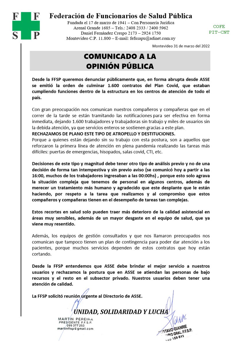 ➡️ Comunicado de la <a href="/FFSPoficial/">FFSP</a> a la opinión publica. L@s de trabajadores de <a href="/ASSEcomunica/">ASSE</a> queremos brindar una atención de calidad a nuestros usuarios. Comunicar en la tarde que cesan mañana es una falta de respeto. Presupuesto para recursos humanos y salarios.